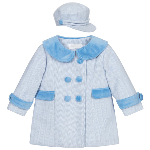 Baby Boy Blue Herringbone Coat and Hat Set