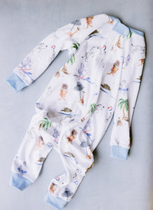 Summer Safari Blue and Pink One Piece Zip Pajamas